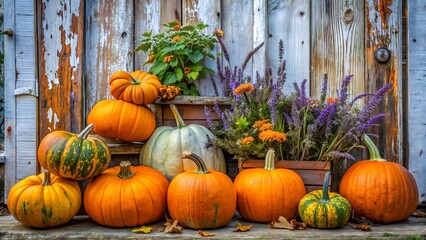 Assortment of pumpkins and gourds arranged with lavender and other flowers against a weathered wooden fence backdrop
