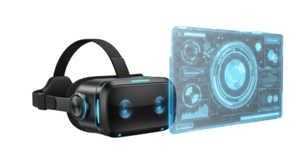 Black VR Headset with Glowing Blue Data Display Technology