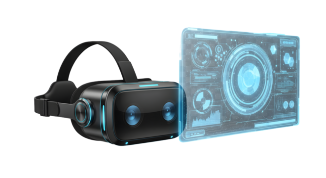 Black VR Headset with Glowing Blue Data Display Technology