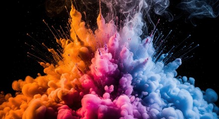 Vibrant explosion of colorful powder against a dark background