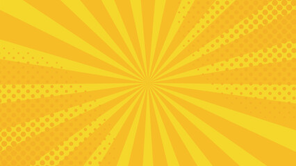 Bright yellow pop art comic background with sunburst rays and halftone dots, retro style vector design for banner, poster, wallpaper, template, vintage cartoon, dynamic energy and abstract pattern.