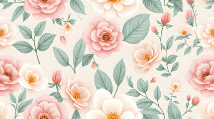Obraz premium Floral Pattern with Pink and Cream Flowers and Green Leaves on Light Background