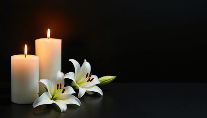 Two white candles burn brightly next to delicate white lilies on dark background. Floral arrangement evokes peace, remembrance, suitable for funeral memorial services. Soft light, simple composition