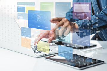 Naklejka na ściany i meble Software backend management and development technology for start new business.Data learning