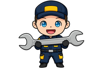 Cartoon mechanic holds wrench Cap uniform blue eyes smile and gloves add to the characters cheerful hardworking demeanor