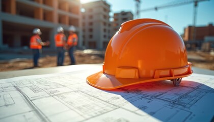Orange hard hat rests on construction blueprints with unfocused workers and building frames in background. Safety gear, planning, new development, project progress, team collaboration, architecture.