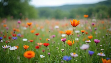 Fototapeta premium Vibrant field of wildflowers with prominent orange blooms scattered across green meadow. Single striking orange flower stands out against blurred woodland backdrop under peaceful overcast sky. Scene