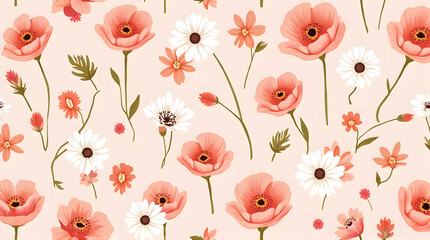 Fototapeta premium Floral Pattern with Poppy and Daisy Flowers on Light Peach Background