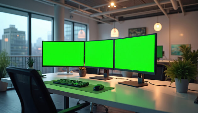 Modern office setup features triple green screen monitors for work, creative projects. Sleek desk with keyboard, mouse, chair. Large window overlooks urban cityscape, offering natural light.