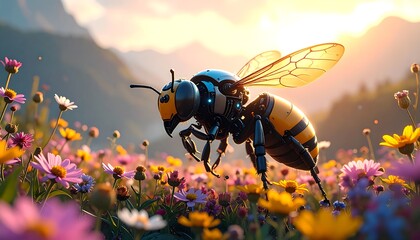 Robotic Bee Pollinating Mountain Meadow Sunset