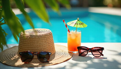 Summer poolside scene featuring straw hat, sunglasses, refreshing orange cocktail with small umbrella, straw. Rich green foliage frames vibrant blue pool water. Perfect for vacation, leisure, warm