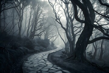 Mystical Foggy Forest Path – Dark Fantasy Landscape