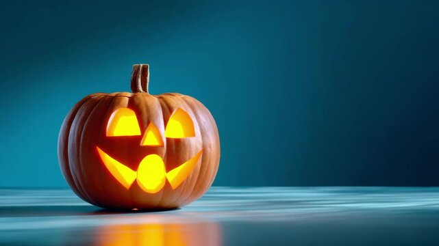 Orange halloween carved pumpkin on a teal table. Scary jack o lantern with dark eyes and mouth. Spooky holiday home decor for October. All Hallows Eve, Samhain