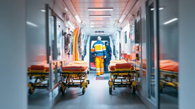 Emergency Vehicle Interior: A vital scene within an ambulance, featuring a paramedic in action, flanked by stretcher beds, capturing the urgency and essential support provided.