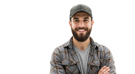 A closeup portrait of a handsome young man with a happy expression, wearing a black cap