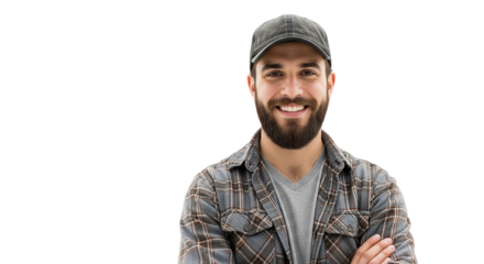 A closeup portrait of a handsome young man with a happy expression, wearing a black cap
