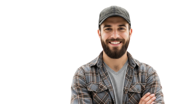 A closeup portrait of a handsome young man with a happy expression, wearing a black cap
