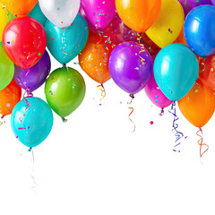Colorful balloons fill the frame, with confetti and streamers