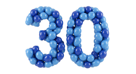 A colorful illustration of the word 30 created with blue plastic beads on a white background