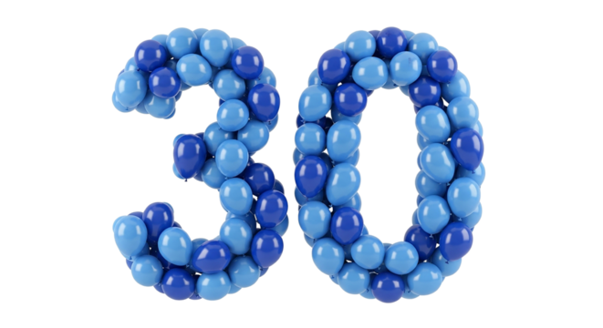 A colorful illustration of the word 30 created with blue plastic beads on a white background