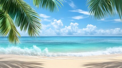 Obraz premium Palm trees frame a sunny beach with blue ocean waves.