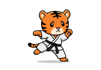 Tiger in karate suit striking pose with black belt on white background