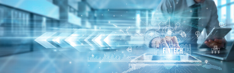 Financial expert using a tablet analyzing fintech payment solutions, blockchain banking mobile apps, automation security innovation digital wallet transactions and financial growth.