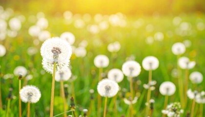 Sunlit field of fluffy dandelion seed heads