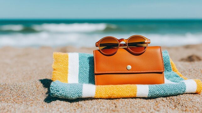 Stylish Sunglasses Case on Beach Towel with Ocean Waves in Background – Summer Vacation Concept - Powered by Adobe