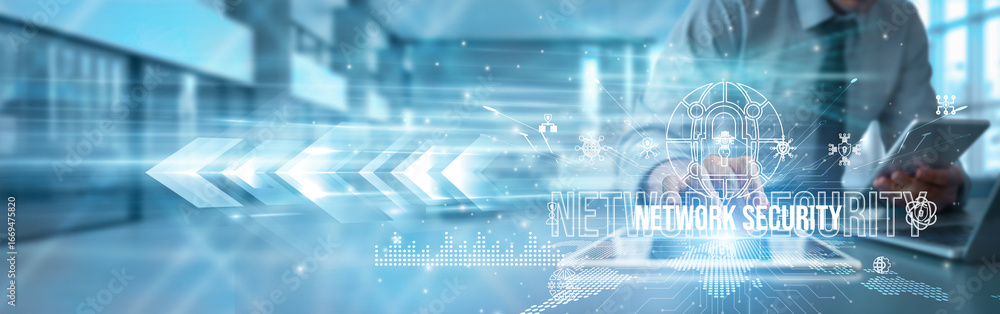 Aufkleber cybersecurity expert using a tablet analyzing network security firewalls, intrusion detection encryp