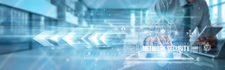 Cybersecurity expert using a tablet analyzing network security firewalls, intrusion detection...