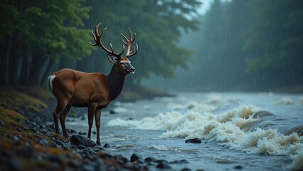 Naklejka premium Stag by River in Misty Forest