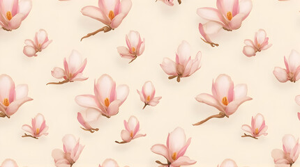 Fototapeta premium Floating Magnolia Blossoms Pattern on Cream Background