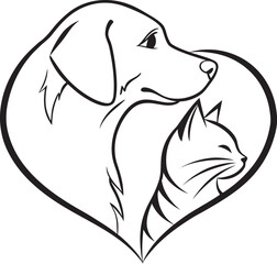 Heart Shaped Silhouette with Dog and Cat Heads Inside for Veterinary or Pet Related Designs.