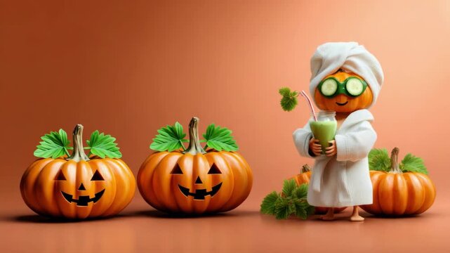A pumpkin character in a robe with cucumber slices on its eyes holds a green smoothie, promoting Halloween spa concepts. All Hallows Eve, Samhain
