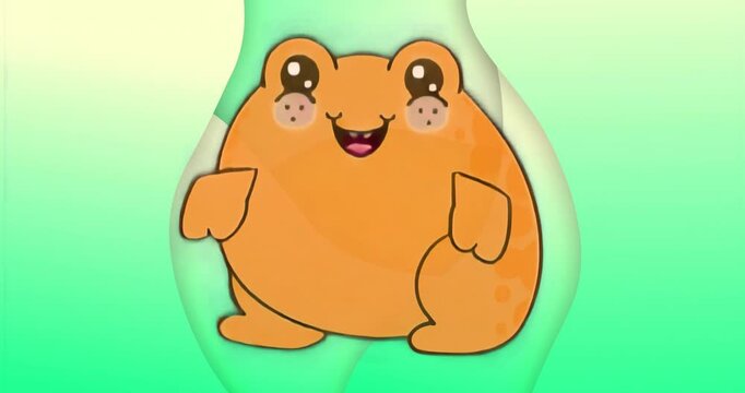 Pulling arms inward, orange frog bouncing and waving while blob morphs to reveal chartreuse layer