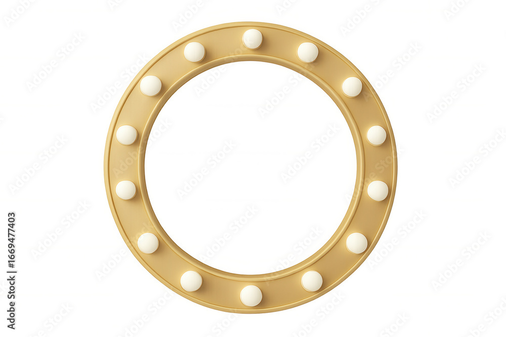 Poster gold circle frame featuring light bulbs, creating a glamorous border on a transparent background, pe