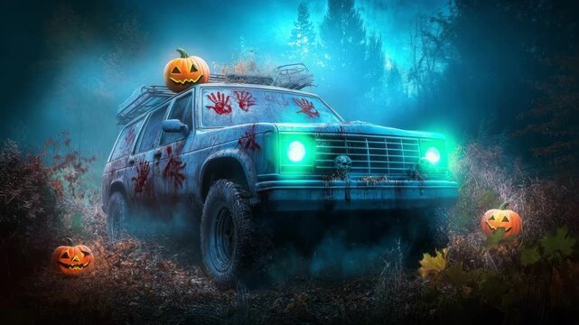 An old car with glowing headlights and bloody handprints in a spooky forest at night for Halloween. All Hallows Eve, Samhain