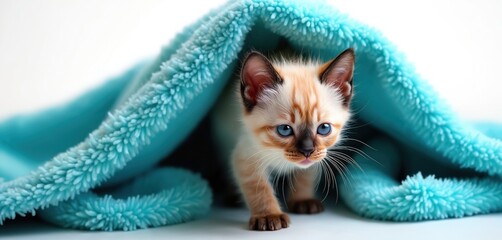 Small Thai Siamese kitten with bright blue eyes peeks out from under fluffy blue blanket. Adorable feline cream fur with tabby markings, curious expression. Cute pet enjoying cozy comfort, ready for