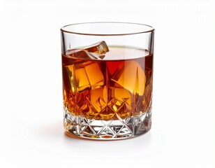 Title: Cut-Crystal Whiskey Glass with Dark Amber Spirit and Ice