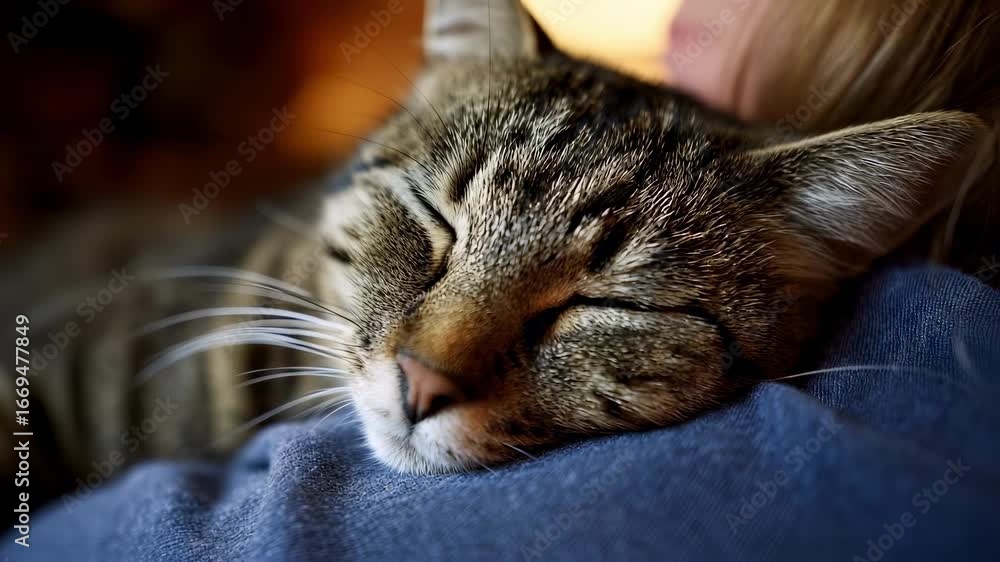 Poster medium shot of a cat curled up peacefully in an owners lap with the background softly blurred emphas