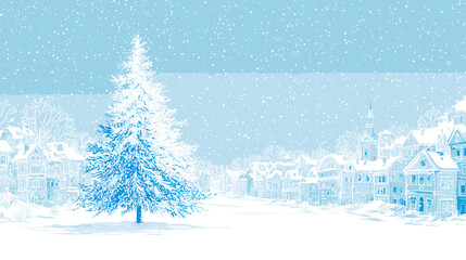 Snow-covered landscape with a blue sky and frosty trees in winter  