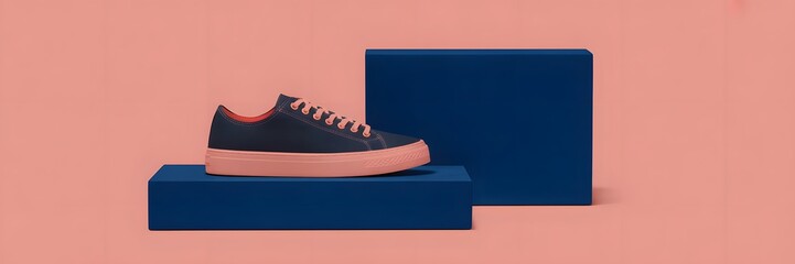 Sneaker on Display: A stylish sneaker rests artfully upon geometric blue podiums against a backdrop of harmonious coral, presenting a minimalist design for fashion and lifestyle enthusiasts.