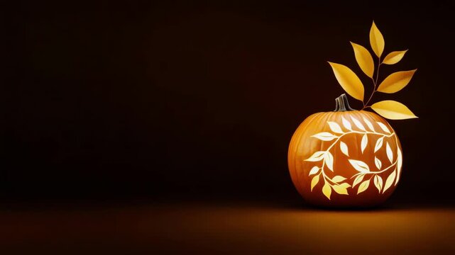 Orange pumpkin carved with golden leaf pattern and golden leaves in dark background. Halloween or Thanksgiving concept. All Hallows Eve, Samhain - Spooky Holiday Season, Fall Festival