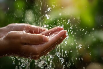 Fototapeta premium Hands catching water splashes in a sunny garden.