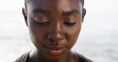 Thinking, athlete and black woman for fitness outdoor with vision, exercise and training ideas. Closeup, person and thoughts for workout reflection, sports challenge and marathon practice of wellness