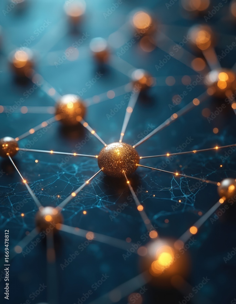 Poster abstract digital network structure featuring interconnected golden nodes, lines on dark textured bac