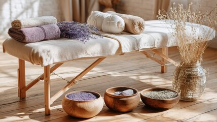 Tranquil wellness space featuring herbal compresses and soothing aromas