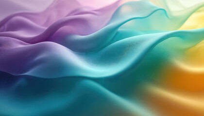 Obraz premium Abstract illustration flowing curves in vibrant purple, teal, green, yellow. Fluid color gradient mimics silk satin fabric texture. Smooth, soft waves create gentle drapery effect. Perfect for