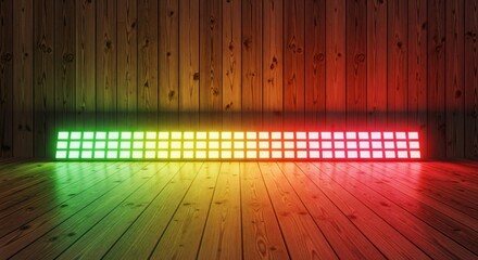 Vibrant glowing light panel against wooden wall for stage design